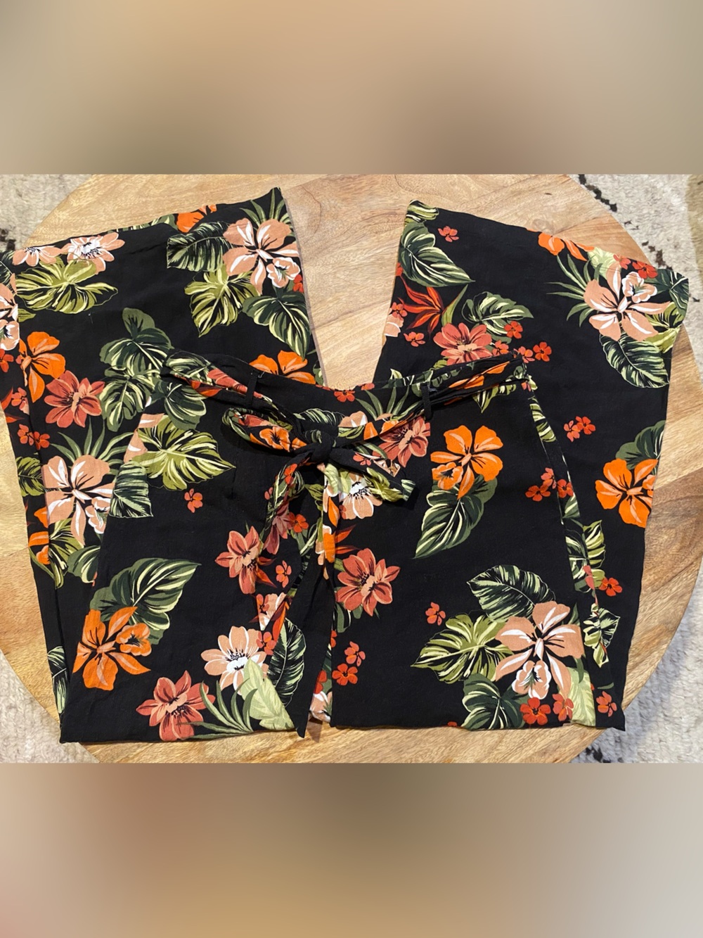 Lost + Wander Black Floral Tie-Waist Shorts with Orange and Green Print